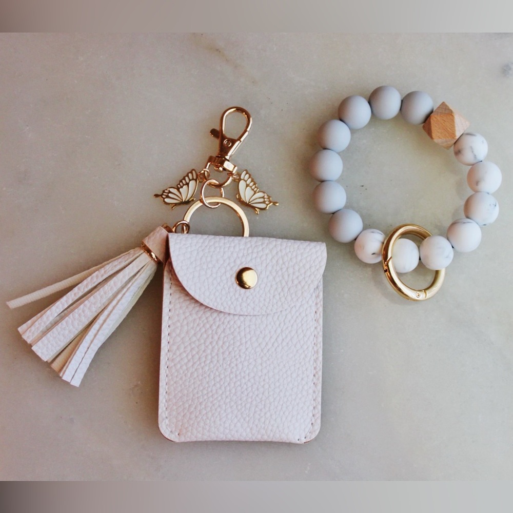 Cardholder Keychain or Bracelet with Butterfly Charm & Tassel White with Gold